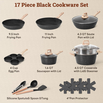 Conjunto de 17 Panelas Antiaderentes para Cozinha, Conjunto de Utensílios de Cozinha Antiaderentes, Panelas de Indução Não Tóxicas, Ferramentas de Culinária de Granito Preto com