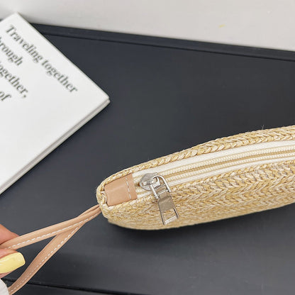 Women Girls Fashion Clutch Solid Straw Wristlet Bag Ladies Beach Summer Handbags Purse Daily Money Coin Phone Card Bag