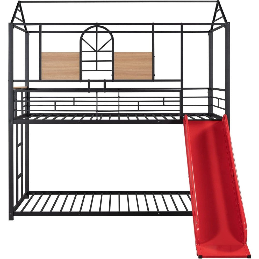 Over Twin Metal Bunk Bed with Slide and House Design, Black Bed Frame with Red Slide