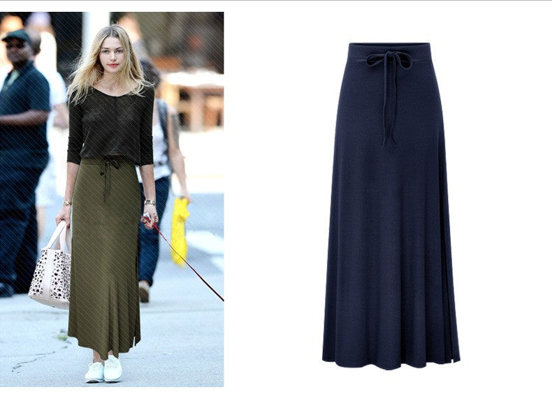 Plus size women's fashionable knitted half skirt high waist slit A-line skirt high stretch ankle length mid length skirt