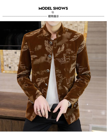 Luxury Retro Velvet Suit Jacket for Men Fashion Slim Fit Stand Collar Blazer Masculino Casual Business Wedding Dress Coat