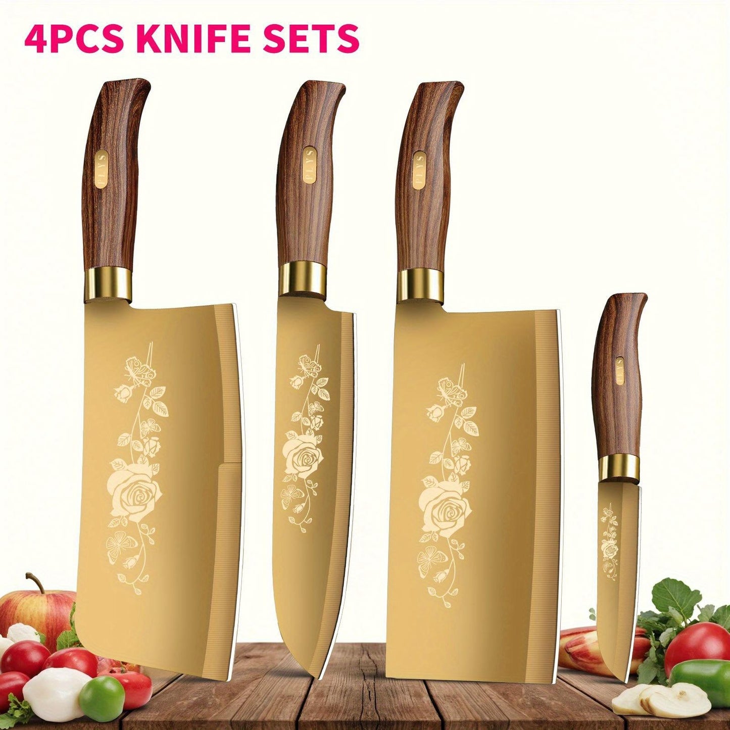 Conjunto de Facas de Cozinha Douradas de Luxo - Lâminas de Aço Inoxidável de 4 Peças com Revestimento de Titânio. Cabos Ergonômicos. Facas de Alta Performance