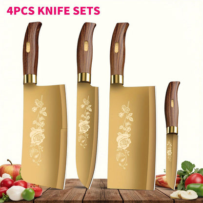 Conjunto de Facas de Cozinha Douradas de Luxo - Lâminas de Aço Inoxidável de 4 Peças com Revestimento de Titânio. Cabos Ergonômicos. Facas de Alta Performance