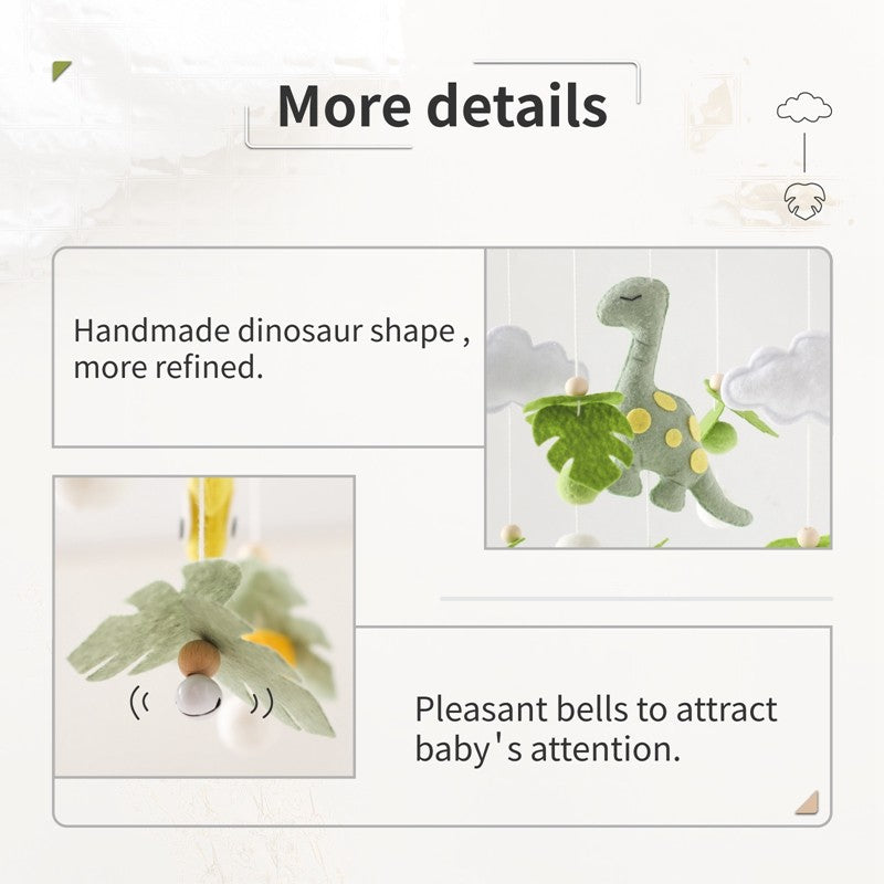 Móbile de Berço Musical de Dinossauro de Feltro e Madeira, Brinquedo de Chocalho Pendurado para Bebê, Brinquedos para Recém-Nascidos de 0 a 12 Meses, Suporte de Presente para Berço Infantil