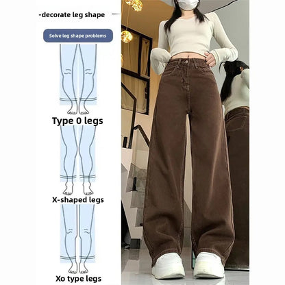 Cafe Brown Versatile Wide Leg Jeans Women's Spring Autumn High Waist Slimming Small Size Loose Drapey Straight Floor-Length Pant