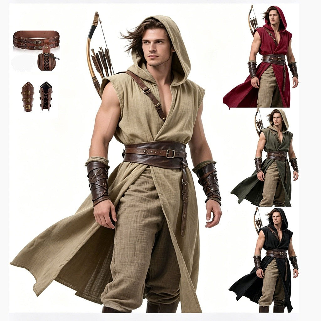 Men's Medieval Hooded Surcoat Renaissance Tabard Sleeveless Tunic Cloak Viking Costume Holloween Assassin Cosplay