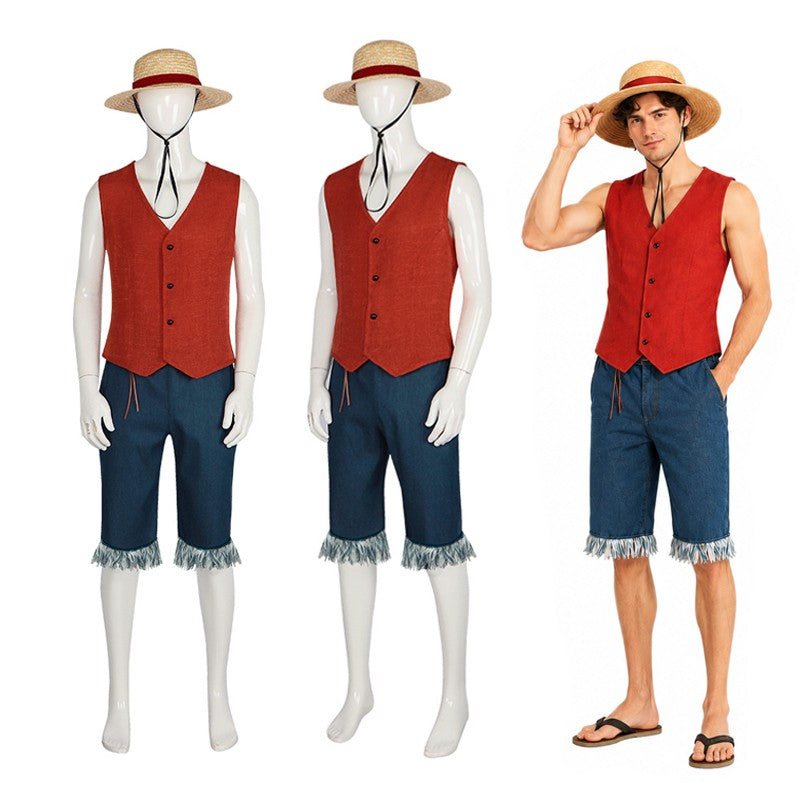 Monkey D Luffy Cosplay Costume for Men Adult Anime Outfit Halloween Party Red Vest Shorts Straw Hat Rope Set