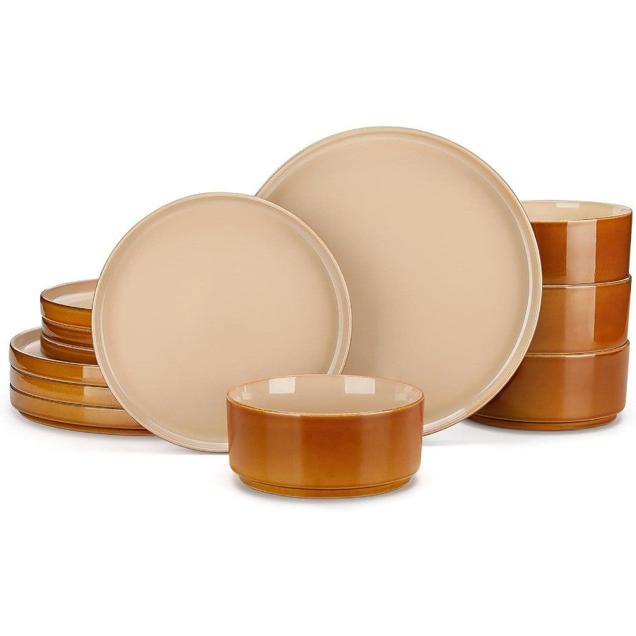 Ceramic Plates and Bowls Sets 12 Pieces Brown Dinnerware Sets for Kitchen Reactive Glaze Dishes Set for 4 Dishwasher and Microw