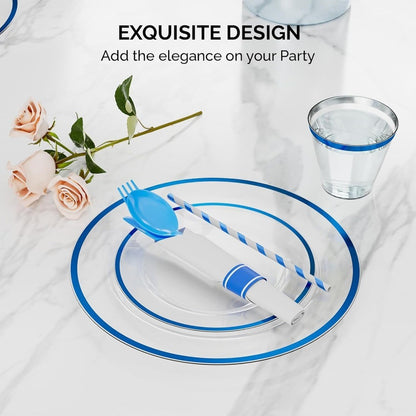 Elegante Conjunto de Pratos Descartáveis Azuis e Transparentes para Festa - Kit de Louça para 50 Convidados Novo