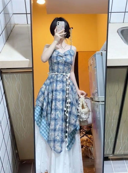Watercolor Gingham Slip Dress Women 2025 Summer Sweetheart Aesthetic Asymmetric Tie Waist A Line Dreamcore Romance