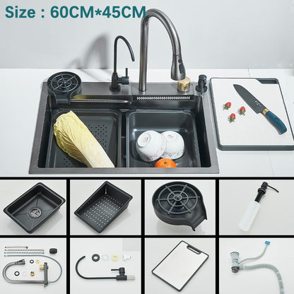Multifunctional Kitchen Waterfall Sink Digital Display Large Single Gray Sink Dish Basin Sink 304 Stainless Steel