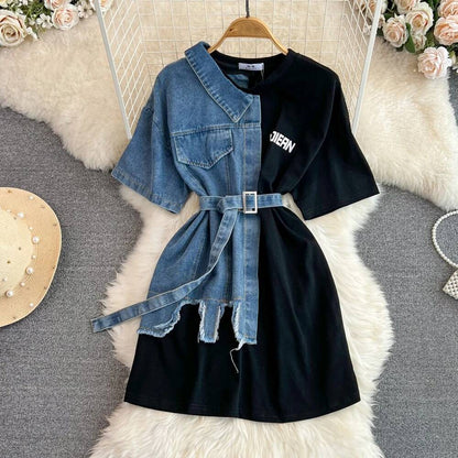 XFPV Women's Sweet high Waist Wrap Belt Round Neck patchwork Denim Shirt  Chic Top Y2k Korean Fashion Spring Summer 2025 SM11327