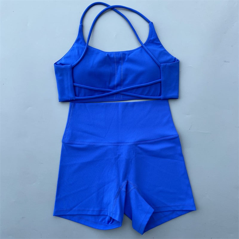 Yoga Shorts Set Gym Two Piece Sports Set Women Workout Outfit Fitness Suit Cross Straps Bra High Waist Shorts Running Tracksuit