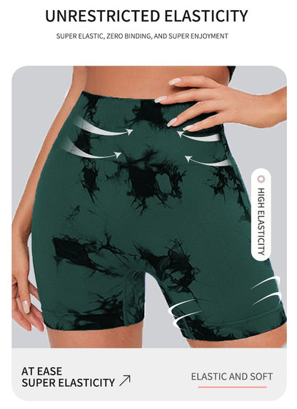 Seamless Tie Dye Sports Tight Three Piece Pants for External Wear Sexy Yoga Fitness Shorts for Women, High Waist Hip Lifting and