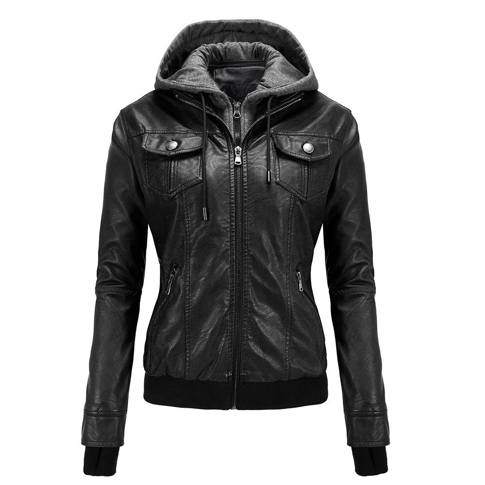 Autumn and Winter Women's Motorcycle Leather Jacket Short Hooded Detachable Hood Jacket Slim Fit Plus Suede Leather Jacket Women