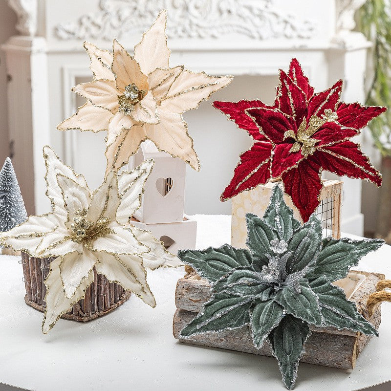 1/4pcs Christmas Holiday Decorative Flowers Artificial Flowers,Shiny Sequin Velvet Christmas Flowers 25.91cm,  home decor