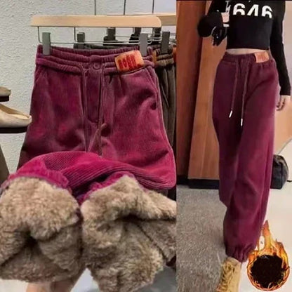 Solid Casual Thicken Women Corduroy Pants Lamb Fleece Padded Cashmere Warm Sweatpants Female Elastic Waist Soft Fur Trousers
