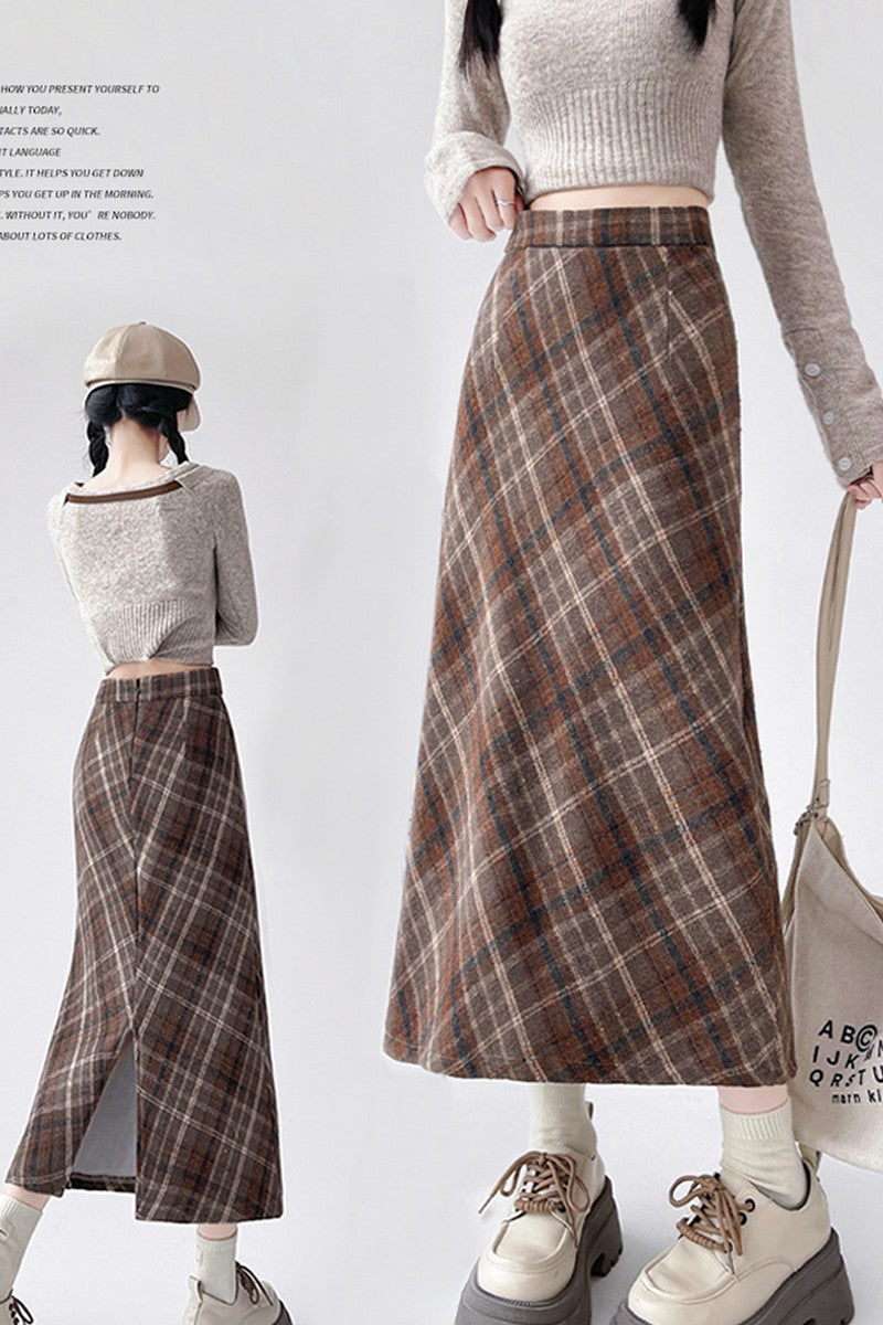 2025 Autumn Vintage Woolen Plaid Skirts Lady Elegant High Waist Slimming A-Line Skirt Women Korean Streetwear Slit Long Skirt