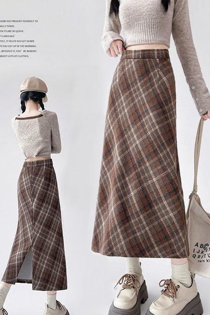 2025 Autumn Vintage Woolen Plaid Skirts Lady Elegant High Waist Slimming A-Line Skirt Women Korean Streetwear Slit Long Skirt