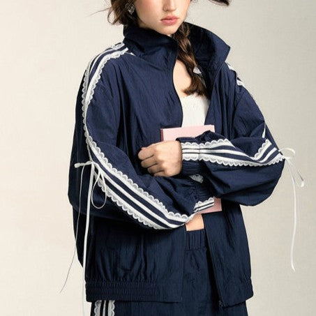 Lace Patchwork Striped Sun Protection Jacket for Women 2025 New Korean Causal Zipper Stand Neck Cardigan Coat Top Design