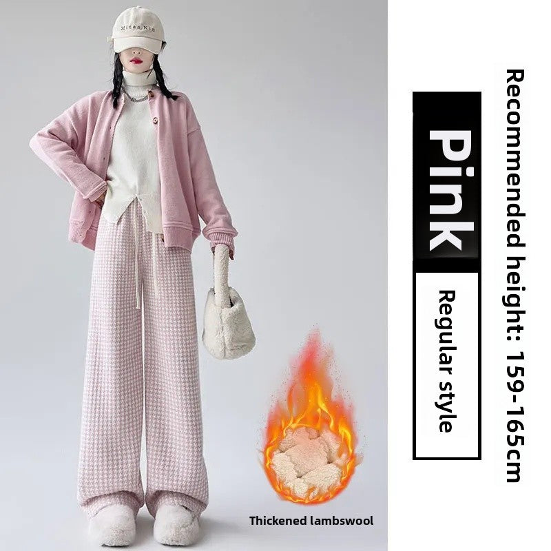 High Waist Wide Leg Pants Women's Autumn Winter New Style Lazy Casual Fleece Woolen Plaid Trousers Fashionable Comfortable