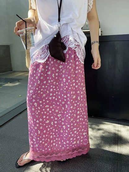 Ezgaga Skirts Women Elegant Floral Printed Lace Patchwork 2025 Summer Fashion Vintage Sweet Ladies Long Skirt Casual Chic