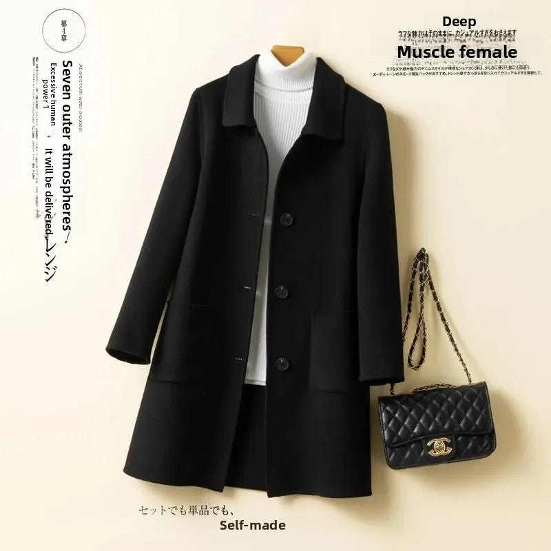 High-End Korean Style Double-Faced Cashmere Woolen Coat for Women Mid-Length Thickened Polyester Fiber Winter Outerwear