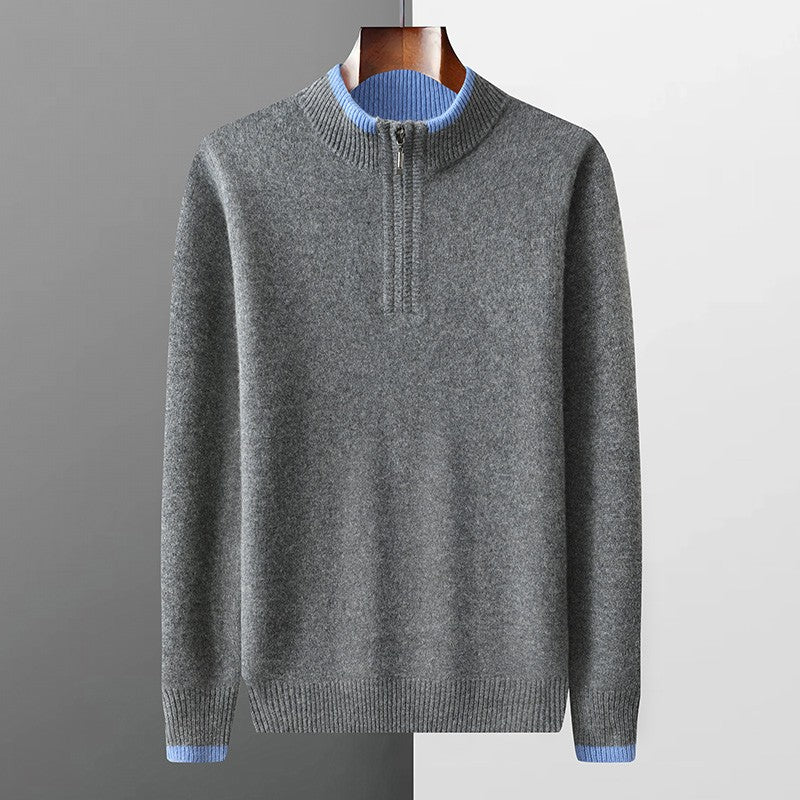New Men Knitted Half Zipper Style Pullover Pure Australian Wool Sweater Splicing Edge Decoration High quality Thicken Warm Tops