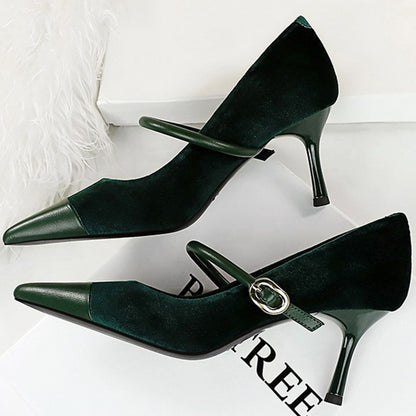 Korean Version Party 10cm 7cm High Heels Women Shoes Thin Heels Velvet Shallow Montage Pointed Toe Metal One-line Buckle Pumps