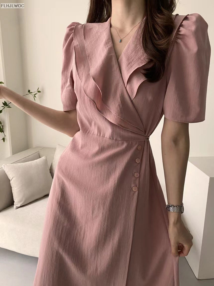 South Korea Chic Midi Dress Women Summer Japan Style Retro Vintage Design Ruffle