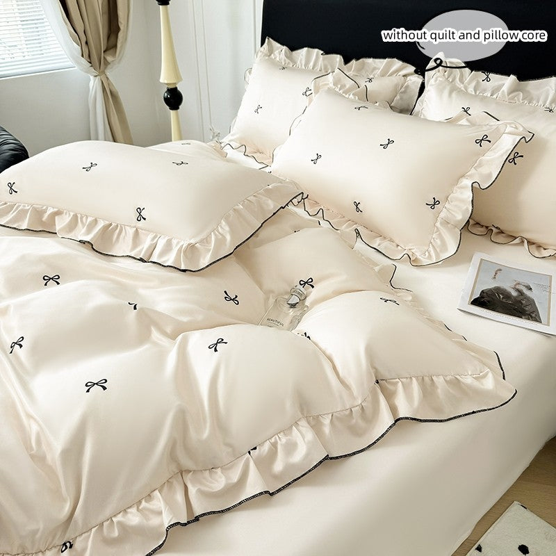 Conjunto de capa de edredom coreana de renda 3 peças (1*Capa de Edredom + 2*Fronhas, Sem enchimento), Conjunto de cama com estampa de bolinhas pretas
