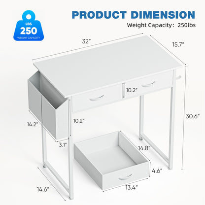 Mesa de computador moderna para escritório JHK 32 polegadas com gavetas de armazenamento de tecido, bolsa lateral, estrutura de metal e pés ajustáveis para mesa de PC doméstica