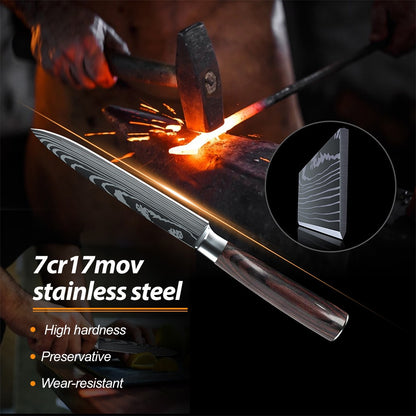 MDHAND Conjunto de Facas de Cozinha 7CR17 8 Peças Aço Inoxidável Afiado Faca de Chef para Fatiar Carne Cutelo Padrão de Damasco a Laser Faca de Chef Afiada