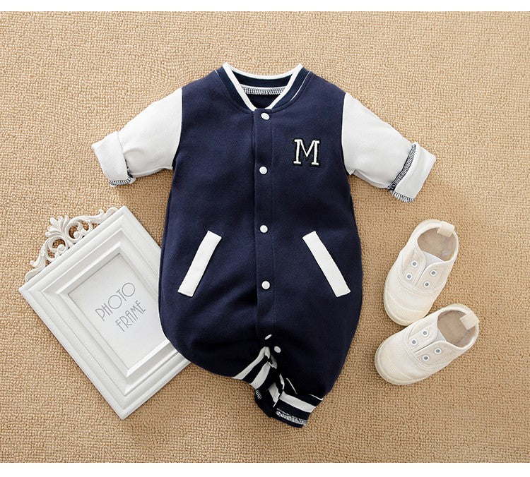 Macacão Recém-nascido Uniforme de Beisebol Primavera e Outono 0-18 meses Meninos Algodão Roupa de Bebê Macacão Bordado Pré-escola