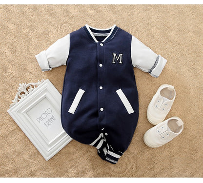 Macacão Recém-nascido Uniforme de Beisebol Primavera e Outono 0-18 meses Meninos Algodão Roupa de Bebê Macacão Bordado Pré-escola