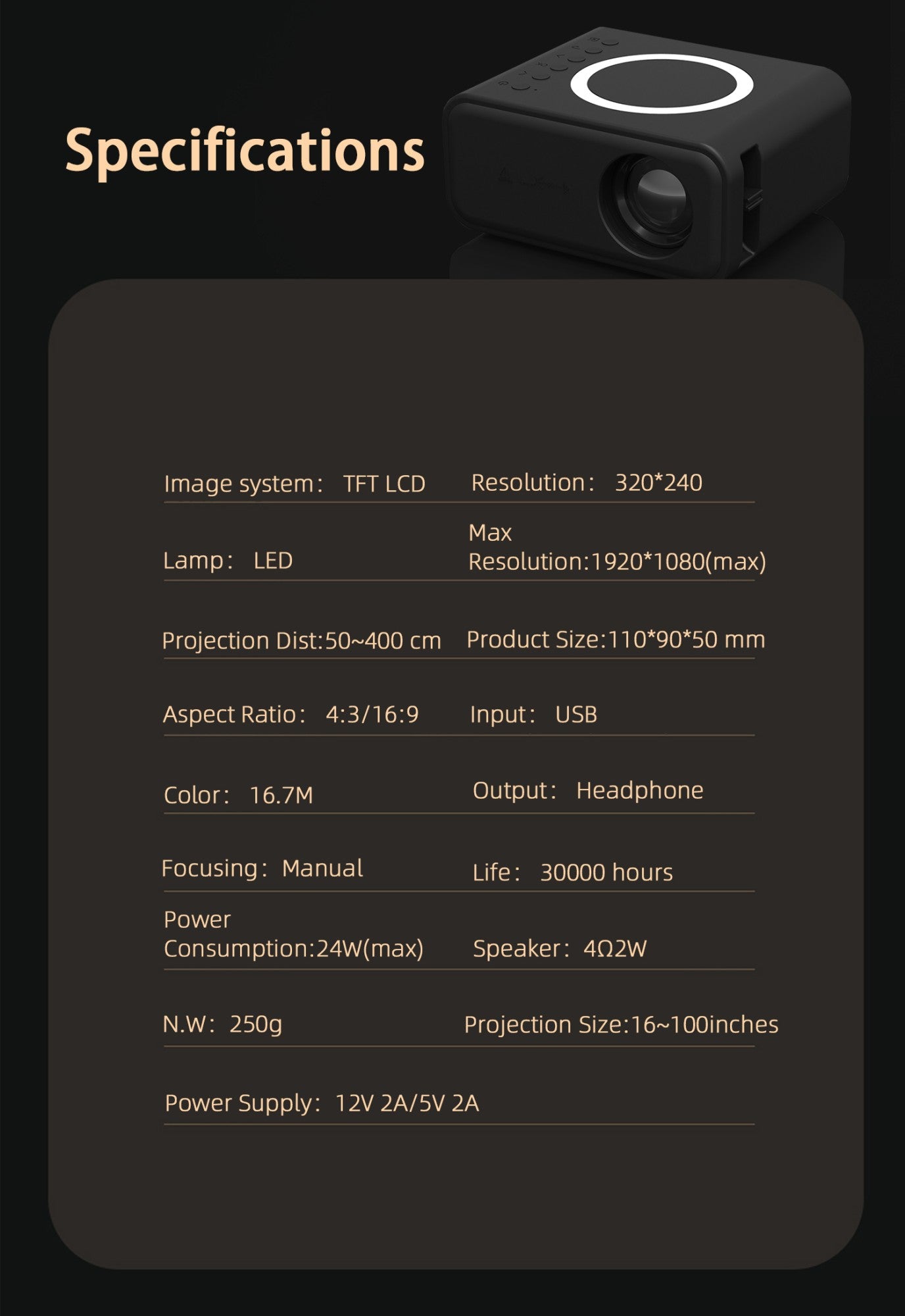 Presente de Halloween: Novo Projetor Portátil YT300 para Entretenimento, 320*240P, Espelhamento de Tela com Fio e Sem Fio, Gadgets Domésticos, Mini Projetor