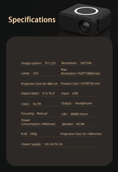 Presente de Halloween: Novo Projetor Portátil YT300 para Entretenimento, 320*240P, Espelhamento de Tela com Fio e Sem Fio, Gadgets Domésticos, Mini Projetor