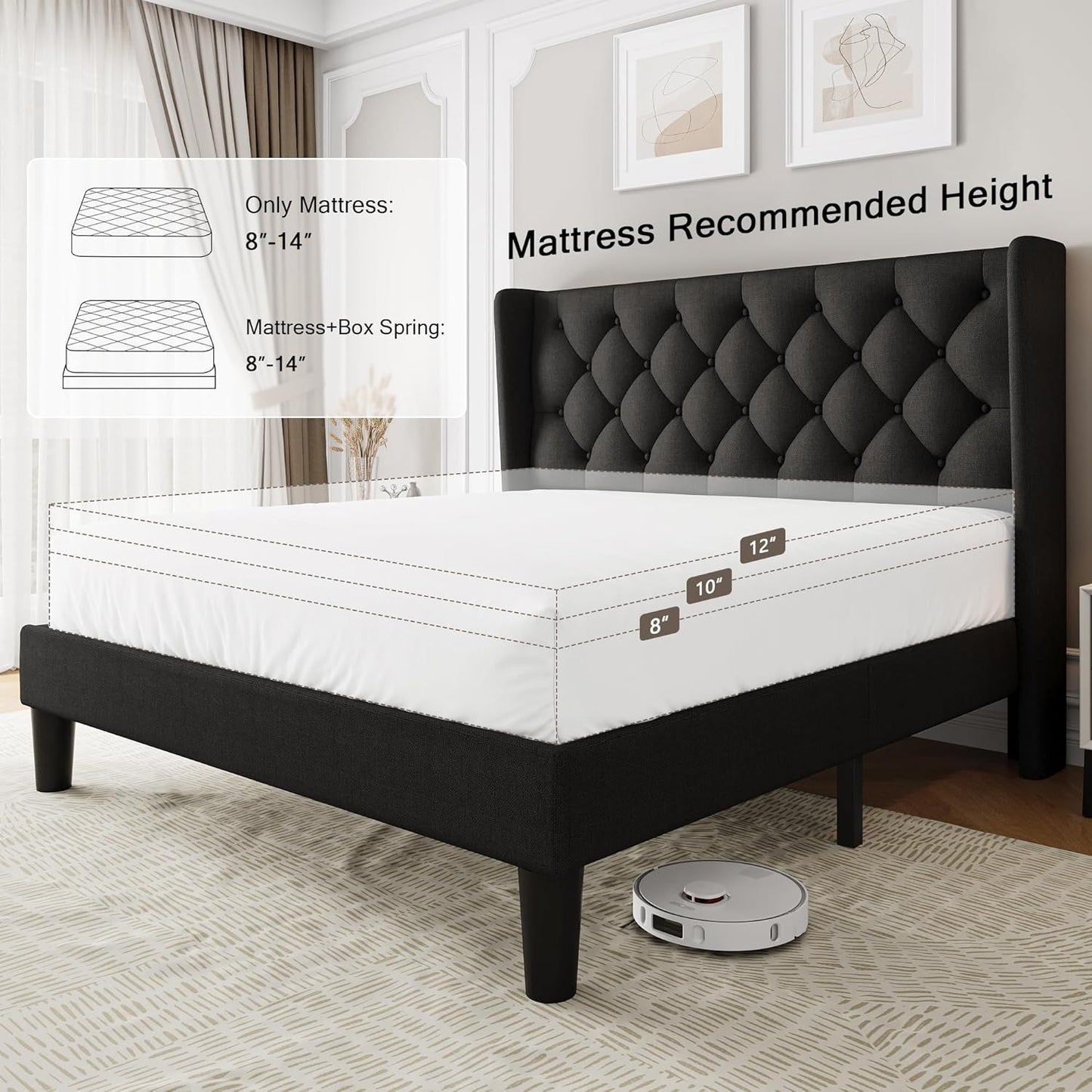 Queen Size Upholstered Bed Frame with Wingback Headboard, Fabric Linen Platform Bed, 8" Under Bed Storage, Wooden and Me