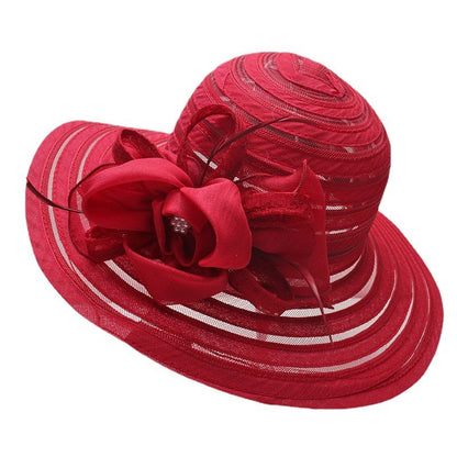 Novo Chapéu Feminino De Verão Em Organza Com Aba Larga E Flor Grande Fedora Elegante Para Casamento Igreja Festa