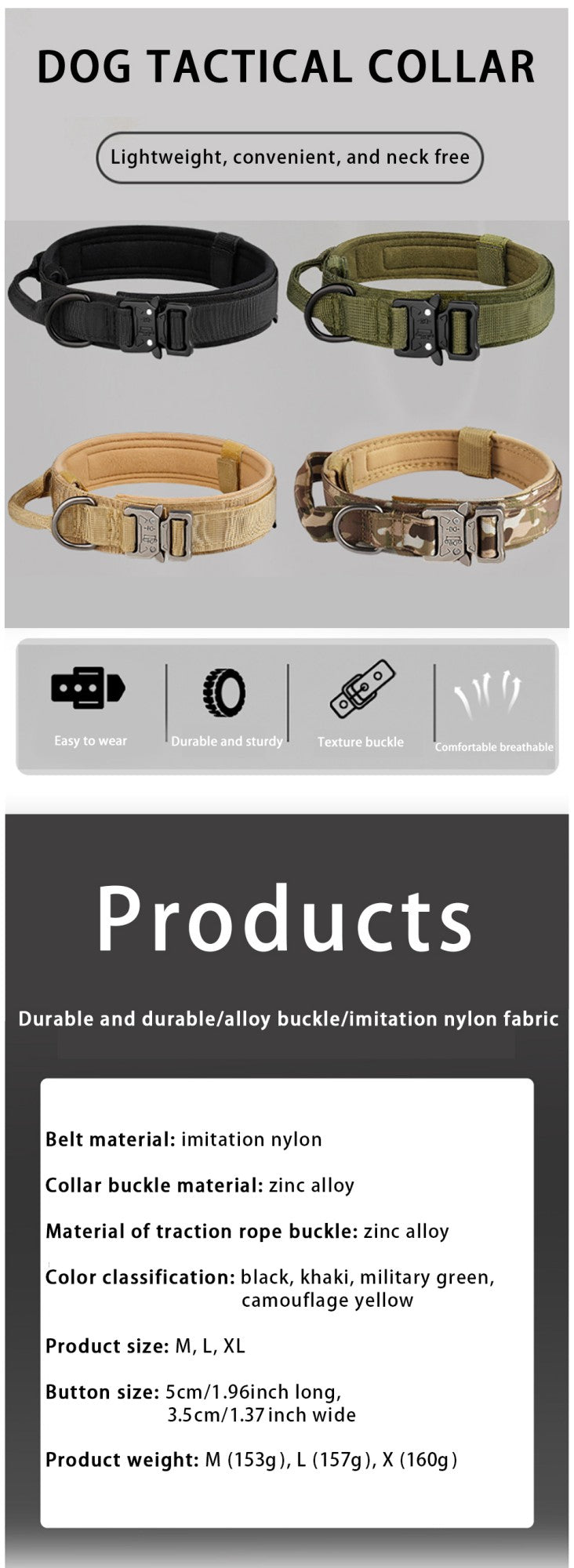Pet Products Outdoor Tactical Dog Collar Metal Buckle Breathability Nylon Collar Medium and Large Dog Training Neck Collar Dog