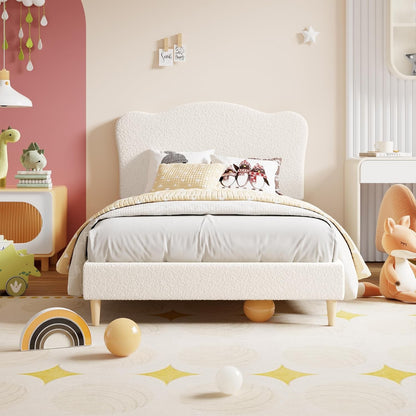 Upholstered Twin Size Bed Frame for Kids with Scallop Headboard, Cute Velvet Twin Bed for Girls, Boys, Sturdy Platform B