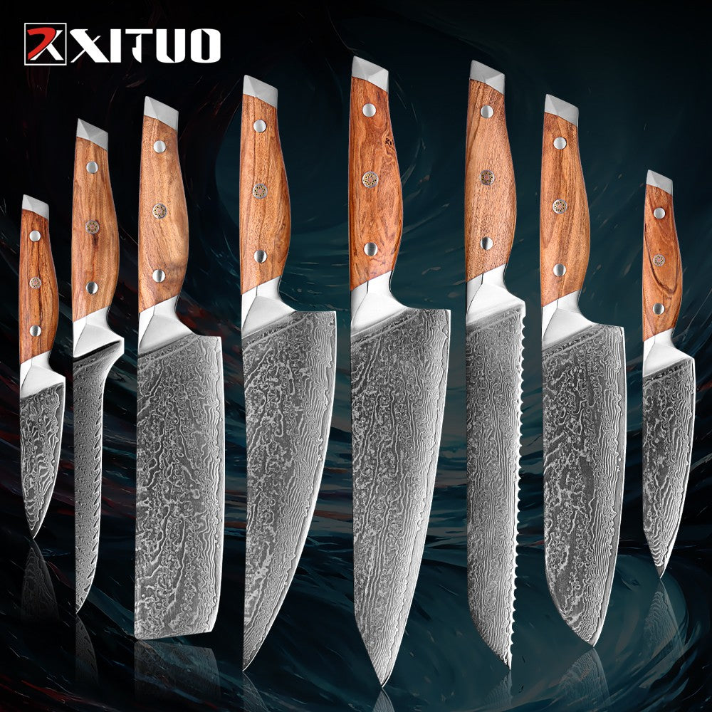 Conjunto de Facas de Cozinha Profissionais em Aço Damasco 1-8 Peças Faca Chef, Santoku, Cutelo, Pão, Desossar e Utilitárias - Afiadas como Navalha