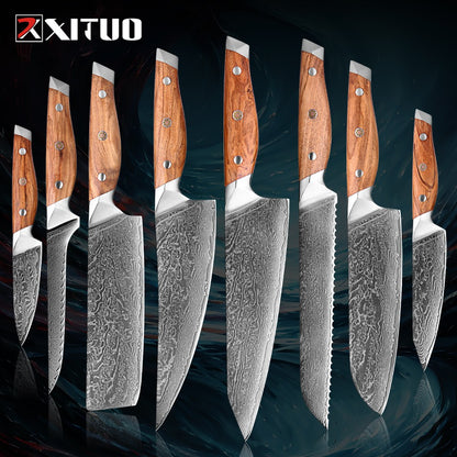 Conjunto de Facas de Cozinha Profissionais em Aço Damasco 1-8 Peças Faca Chef, Santoku, Cutelo, Pão, Desossar e Utilitárias - Afiadas como Navalha