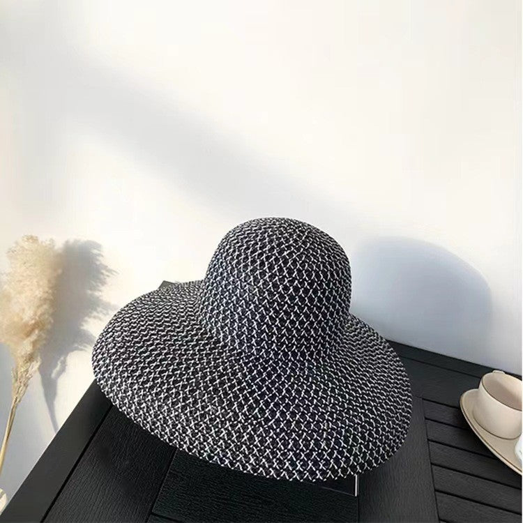 Chapéu de sol de palha de aba larga, chapéu de sol de malha de abajur de seda brilhante de verão, chapéu coco estilo Hepburn francês, chapéu de sol para praia ao ar livre