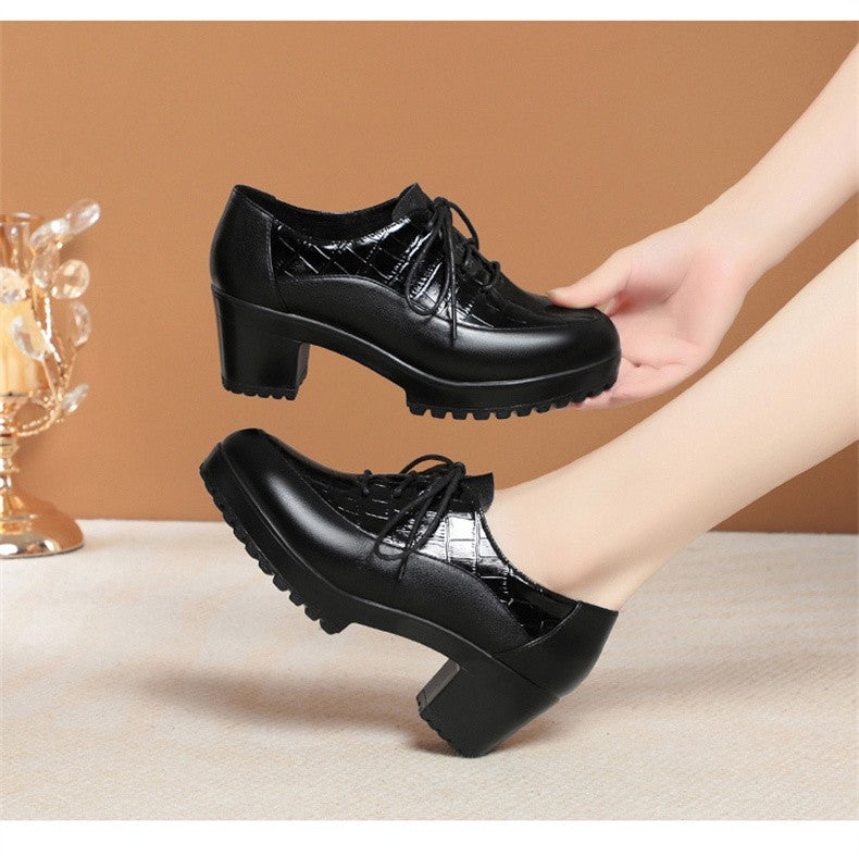 Deep Mouth Soft Leather Shoes Women Oxfords Platform Pumps High Heels Shoes Black Lace up Office Work Pumps Shoes Comfortable
