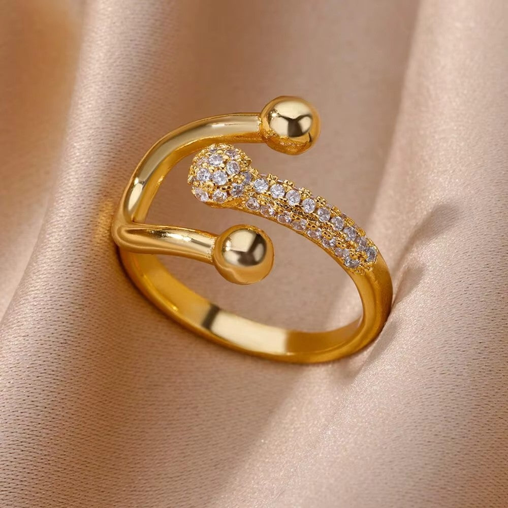 Anéis de Aço Inoxidável Banhados a Ouro com Cristal para Mulheres Corrente Geométrico Zircônia Anel de Dedo Joia Presente anillos mujer 2025 Novo e Moderno