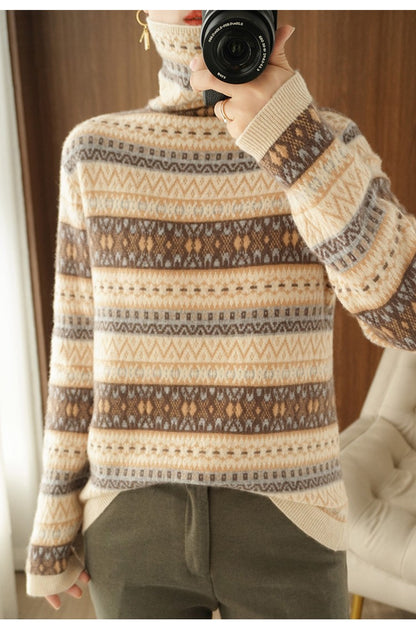 Autumn and Winter New 100% Wool Cashmere Sweater Women's High Neck Pullover Casual Knitted Loose Korean Fashion Color Block Top