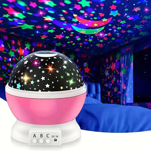 Projetor de luz noturna estrelada alimentado por USB com lua e estrelas – giratório em 360°, 9 modos de cores