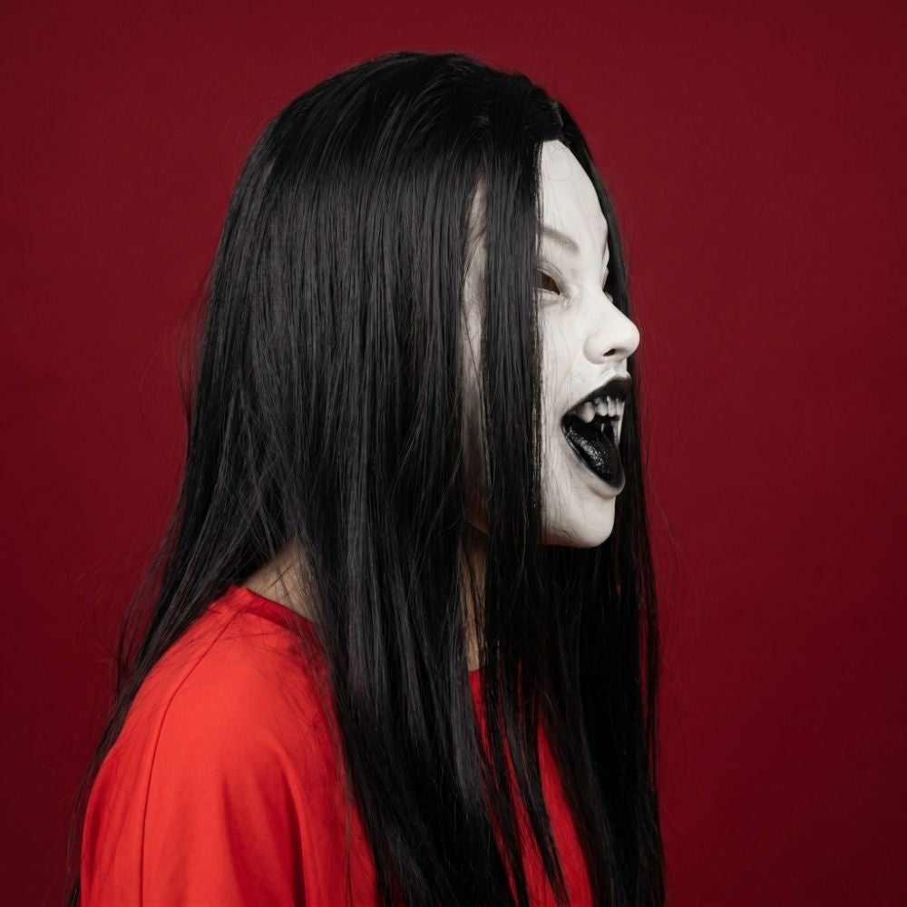 Latex Mask Scary Woman Masks Realistic Long Hair Party Cosplay Costume Ghostface Design Black Lips Creepier Headgear