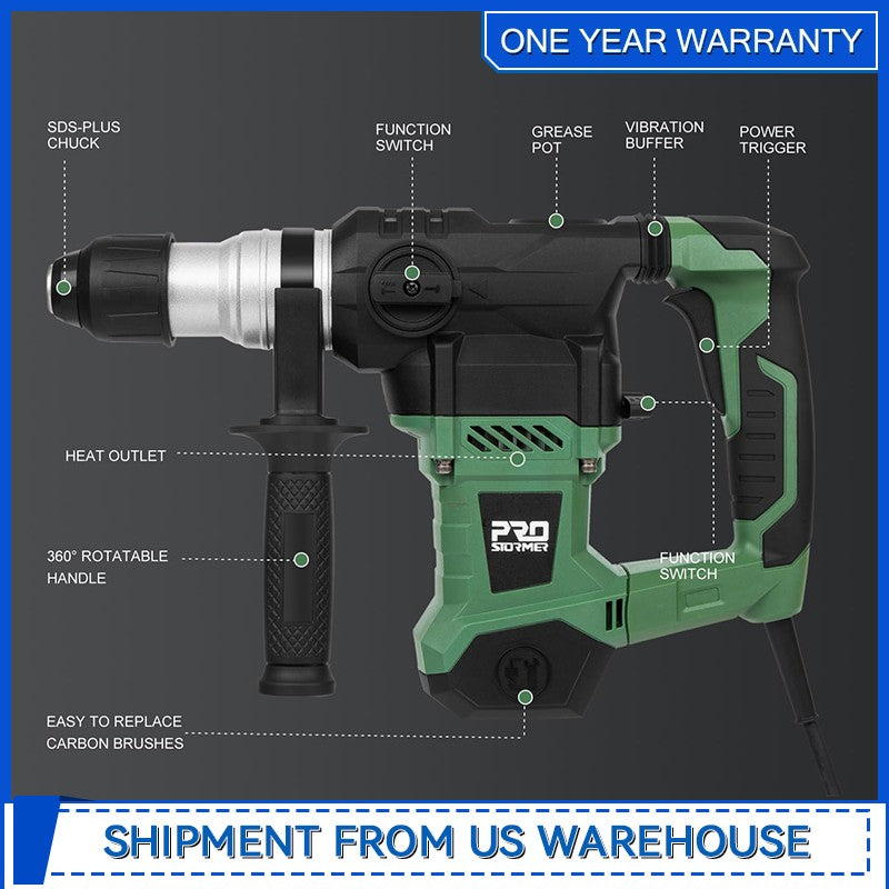 Martelete Rotativo SDS-Plus de 1-1/4" com Motor Potente de 13 Amperes e 4 Funções, com Maleta, da Prostormer